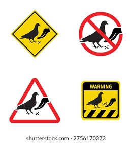 A set of four prohibited pigeon feeding sign icons featuring a bird silhouette, a hand with seeds, and various warning frames like a red circle-slash, yellow diamond, and caution triangle, isolated on a white background for public notice or park signage.