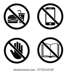 Set of four prohibition icons featuring no food drink smartphone hand and book symbols isolatedon white background