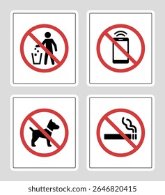 Set of four prohibition signs. No mobile phones, no dogs allowed, and no smoking. Red circle with icons