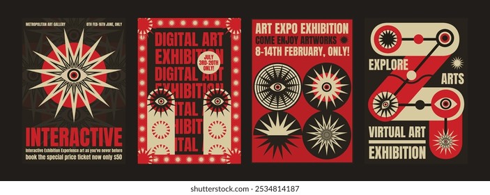 Set of four psychedelic digital art exhibition posters. Bold, graphic designs with red, black, and white colors. Psychedelic retro poster template vectors.