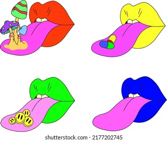 Un conjunto de cuatro labios psicodélicos. Labios con lengua sobresaliente, hongos, emoticonos y pastillas en la lengua. Surrealismo.