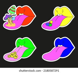 Ein Satz von vier psychedelischen Lippen. Lippen mit herausragender Zunge, Pilze, Emoticons und Pillen auf der Zunge. Surrealismus.