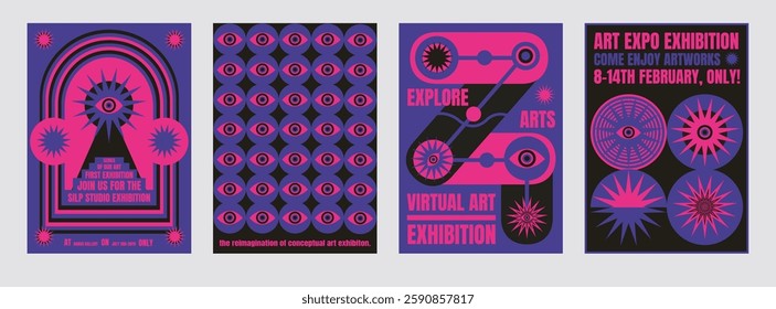 Set of four psychedelic vibrant art exhibition posters in pink and blue. Eye motifs and abstract designs highlight the art theme. Psychedelic retro poster template vectors.