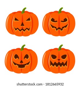 A set of four pumpkins with emotions. Pumpkins isolated on a white background. Stock vector illustration. Illustration for the holiday Halloween.
