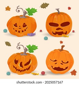 a set of four pumpkins, a flat illustration for the Halloween holiday, the background is isolated