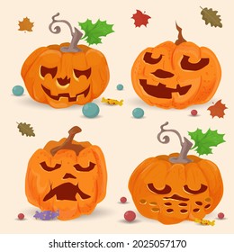 a set of four pumpkins, a flat illustration for the Halloween holiday, the background is isolated