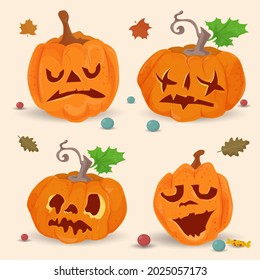 a set of four pumpkins, a flat illustration for the Halloween holiday, the background is isolated