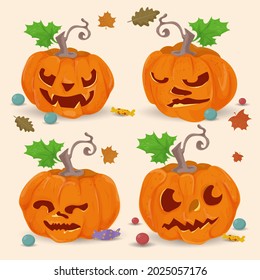 a set of four pumpkins, a flat illustration for the Halloween holiday, the background is isolated