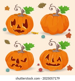 a set of four pumpkins, a flat illustration for the Halloween holiday, the background is isolated