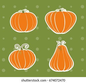 Set of four pumpkins on a green background in retro style