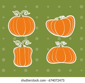 Set of four pumpkins on a green background in retro style