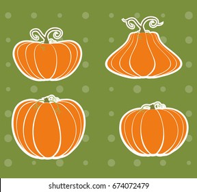 Set of four pumpkins on a green background in retro style
