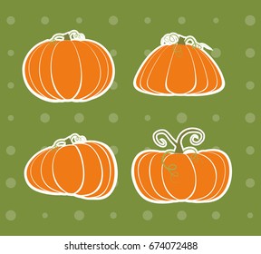 Set of four pumpkins on a green background in retro style