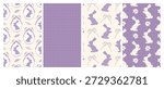 Set of four purple Easter seamless patterns with bunny, bows on beige background. Cute spring backgrounds for fabric, wrapping paper, kids design, packaging and stationery.
