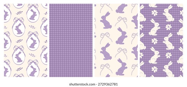 Conjunto de cuatro patrones sin costuras de Pascua púrpura con conejito, arcos sobre fondo beige. Lindos fondos de primavera para la tela, papel de embalaje, diseño de niños, embalaje y papelería.