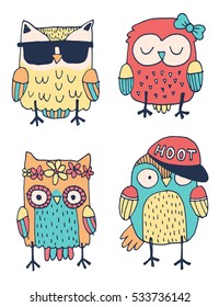 Set of four quirky colorful owls drawn in a naive sketchy style. Vector illustration.