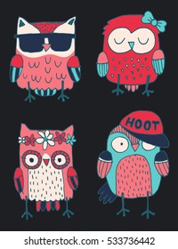 Set of four quirky colorful owls drawn in a naive sketchy style. Vector illustration.