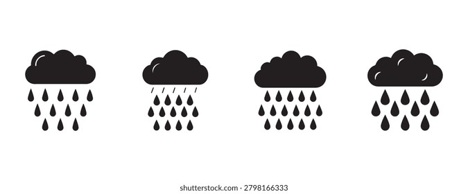 Set of Four Rain Cloud Icons Showing Different Intensities of Rainfall for Weather Design Projects