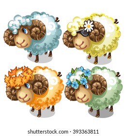 Set of four rams in wreaths, symbolizing seasons. Vector illustration.