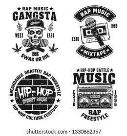 Set of four rap and hip-hop vector monochrome emblems, labels, badges or logos isolated on white background