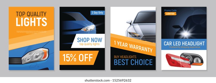 Set of four realistic auto headlights advertising banners with editable text and images of car parts vector illustration