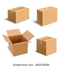 Set of four realistic brown package Box. Design elements for online delivery layout. Vector