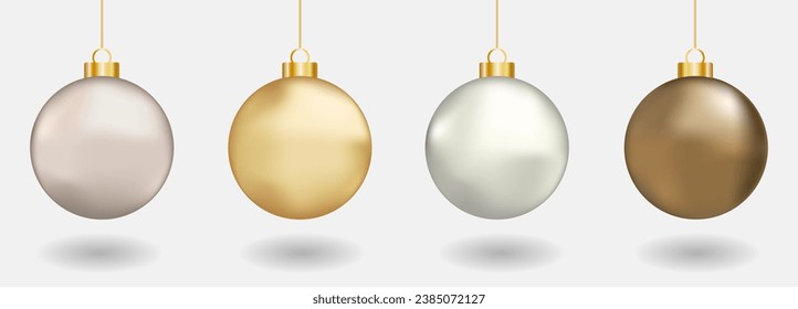 Set of four realistic Christmas balls. 3D Christmas balls. Pale pink, gold, silver and bronze balls.