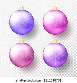 Set of Four realistic colored Christmas or New Year transparent Baubles, spheres or balls in bright purple colors with golden caps, snowflakes and shadow. Vector illustration eps10.