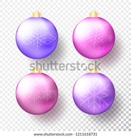 Set of Four realistic colored Christmas or New Year transparent Baubles, spheres or balls in bright purple colors with golden caps, snowflakes and shadow. Vector illustration eps10.