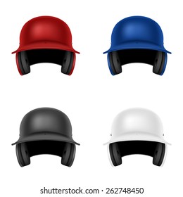 Set of four realistic colorful baseball helmets. Isolated on white. Vector EPS10 illustration. 