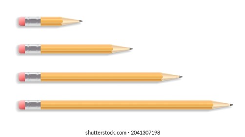 Set of four realistic drawing pencils with rubber isolated on white background