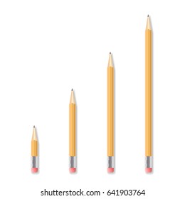 Set of four realistic drawing pencils with rubber end. Sharpened yellow pencil. Detailed graphic design element. Office supply, school stationery. Isolated on white background. Vector illustration