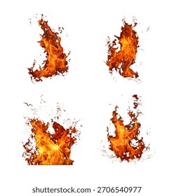 Conjunto de cuatro diseños realistas de Vector de llama de fuego aislados sobre fondo blanco