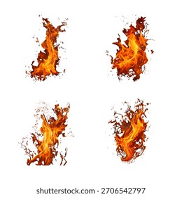 Satz von vier realistischen Feuerflammen, die Vektorgrafiken auf weißem Hintergrund verbrennen