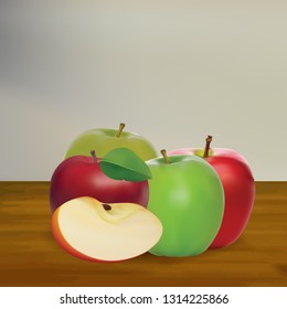 Set Of Four Realistic Fresh Apple Fruit With Wood Background