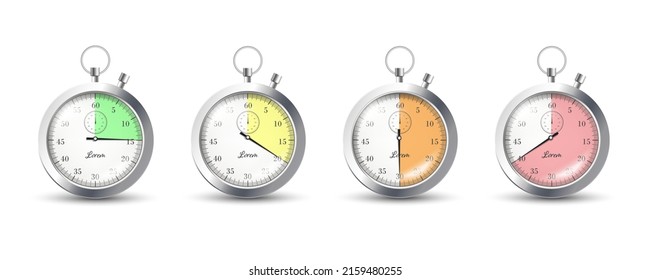 Set of four realistic gray stopwatches, arrows point to different numbers, vector illustration isolated on white background. Sport equipment, colorful indicated