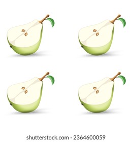 SET of four  Realistic green half of pear fruit concept, pear half isolated on the white background. vector illustration