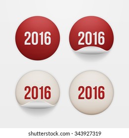 Set of four realistic New Year white and red circle Stickers with 2016 Text isolated on white Background. Vector Illustration