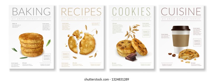 Set of four realistic posters on theme of oat cookies with captions baking recipes cookies and cuisine vector illustration