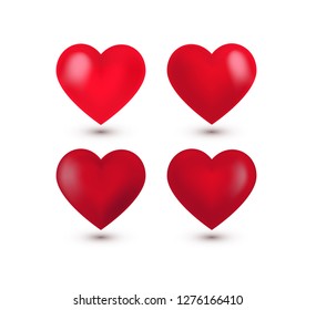 Set of four realistic red Valentine Hearts, shadow. Vector illustration. Simbol of love, sign. Decorative element for greeting card, poster, print,