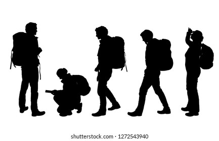 Set of four realistic silhouettes of male and female tourists with map and backpack - vector