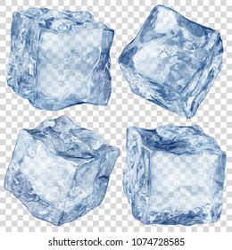 Set of four realistic translucent ice cubes in blue color isolated on transparent background. Transparency only in vector format