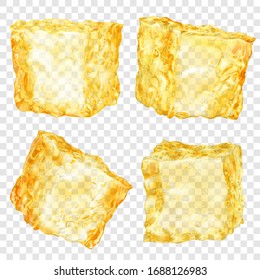 Conjunto de cuatro cubos realistas de hielo translúcido en color amarillo aislado en fondo transparente. Transparencia sólo en formato vectorial