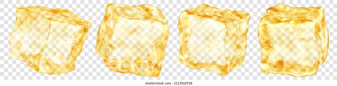 Conjunto de cuatro cubos de hielo translúcidos realistas en color amarillo, aislados en un fondo transparente. Transparencia sólo en formato vectorial