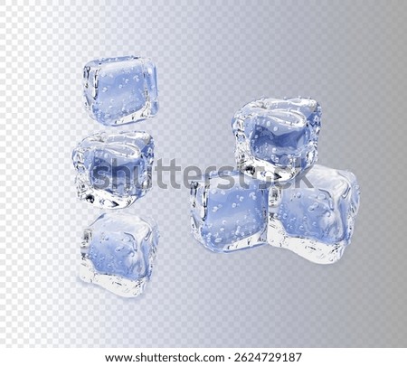 Set of four realistic translucent ice cubes with bubbles transparent background. Cocktail frosty frozen water cube shapes collection. Icy blocks for alcohol beverages