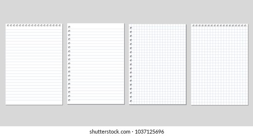 Set of four realistic vector illustration of blank sheets of square and lined paper from a block isolated on a gray background with shadows