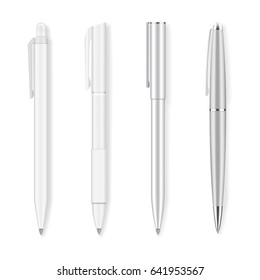 Set of four realistic writing pens. Grey and white, plastic and metallic ballpans. Detailed graphic design element. Office supply, school stationery. Isolated on white background. Vector illustration