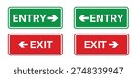 A set of four rectangular directional signs featuring green entry and red exit labels with white arrows pointing left and right for navigation and safety guidance.