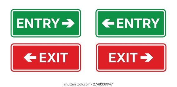 A set of four rectangular directional signs featuring green entry and red exit labels with white arrows pointing left and right for navigation and safety guidance.