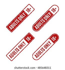 Set of four rectangular stamps adults only, grungy icons age limit, isolated on white background, vector illustration.